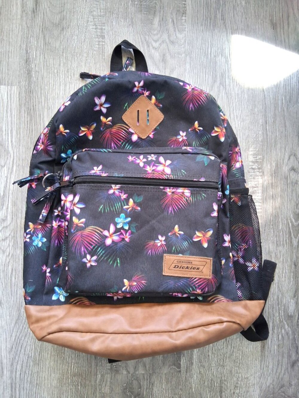 Dickies Floral & Faux Leather 3 Zipper Pocket Adjustable Napsack Backpack Bag